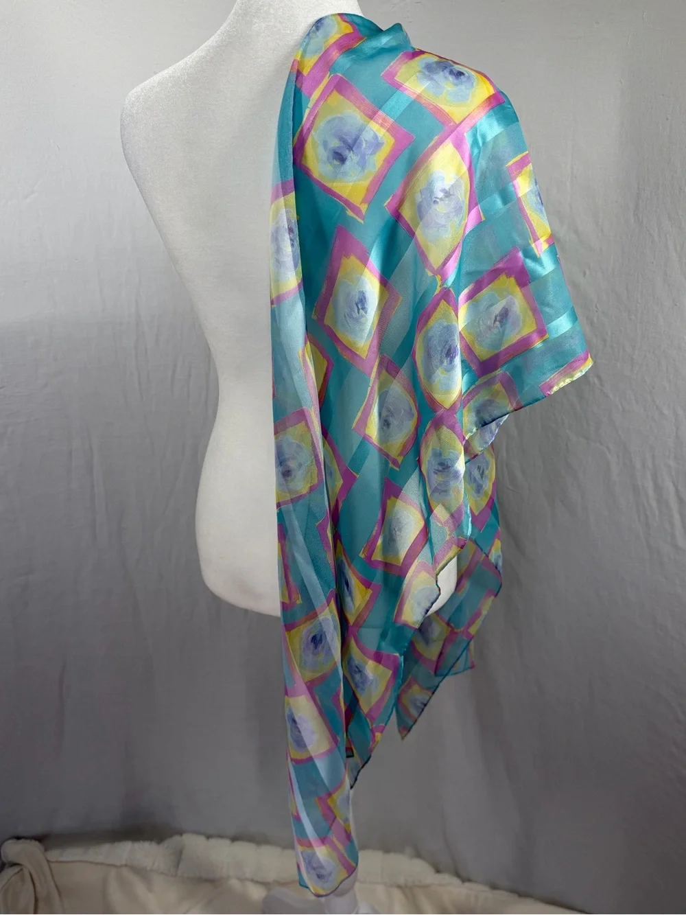 Sheer Rectangle Turquoise Floral and Square Print Silk Scarf